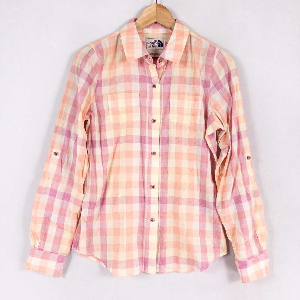 The North Face Shirt Womens Small Pink Orange Plaid Button Up Cotton Tab Sleeve